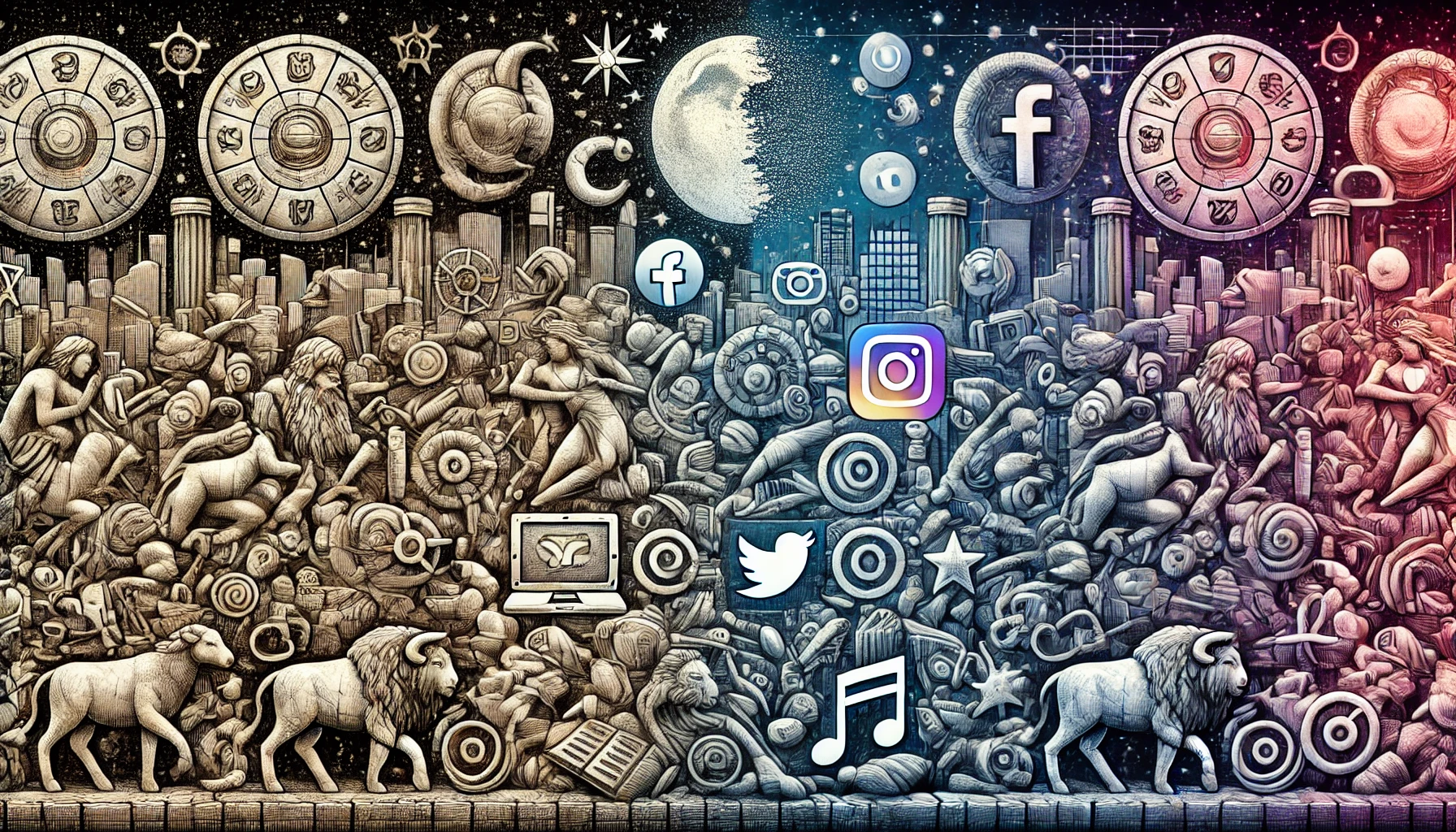 Ілюстрація відображає еволюцію знаків зодіаку від давніх символів до сучасних елементів культури. Вона підкреслює поєднання традиційних уявлень зі сучасними технологіями, що показує, як зодіаки продовжують впливати на наше життя.